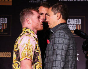 June 27, 2022; New York, NY; Saul "Canelo" Alvarez and Gennadiy "GGG" Golovkin face-off during the NY press conference at Tao prior to their fight to be held at T-Mobile Arena on September 17th in Las Vegas, NV. Mandatory Credit: Ed Mullholland/Matchroom.