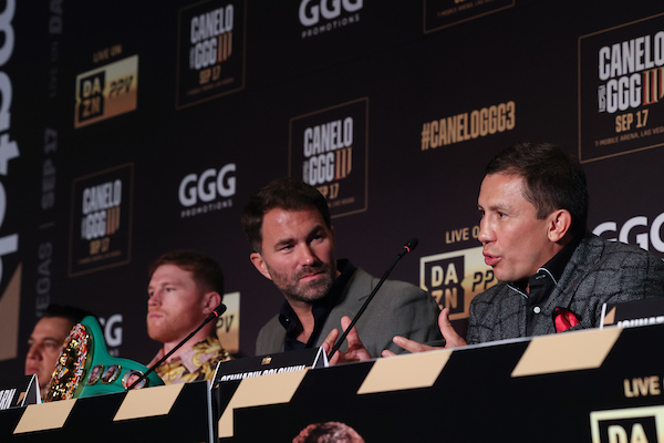 June 27, 2022; New York, NY; Gennadiy "GGG" Golovkin speaks during the NY press conference at Tao prior to their fight to be held at T-Mobile Arena on September 17th in Las Vegas, NV. Mandatory Credit: Ed Mullholland/Matchroom.