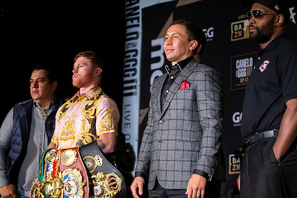 June 27, 2022; New York, NY; Saul "Canelo" Alvarez and Gennadiy "GGG" Golovkin pose for photos during the NY press conference at Tao prior to their fight to be held at T-Mobile Arena on September 17th in Las Vegas, NV. Mandatory Credit: Michelle Farsi/Matchroom.