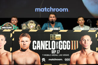 June 24, 2022; Los Angeles, California, USA; Eddie Hearn, Chairman of Matchroom Sport, speaks at the launch press conference at the Hollywood Legion Theater in Los Angeles ahead of the Saul "Canelo" Alvarez and Gennadiy GGG Golovkin bout on September 17, 2022 at the T-Mobile Arena in Las Vegas, Nevada. Mandatory Credit: Melina Pizano/Matchroom.