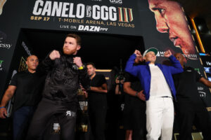 September 13, 2022; Las Vegas, NV, USA; Saul "Canelo" Alvarez and Gennadiy "GGG" Golovkin pose after making their “Grand” Arrivals for their upcoming trilogy fight. The bout will take place on September 17, 2022 at the T-Mobile Arena in Las Vegas, NV. Mandatory Credit: Ed Mulholland/Matchroom.